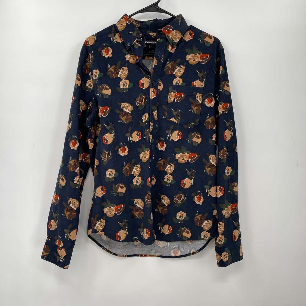Express Floral Corduroy Button Down Shirt‎ Mens Small Roses Print